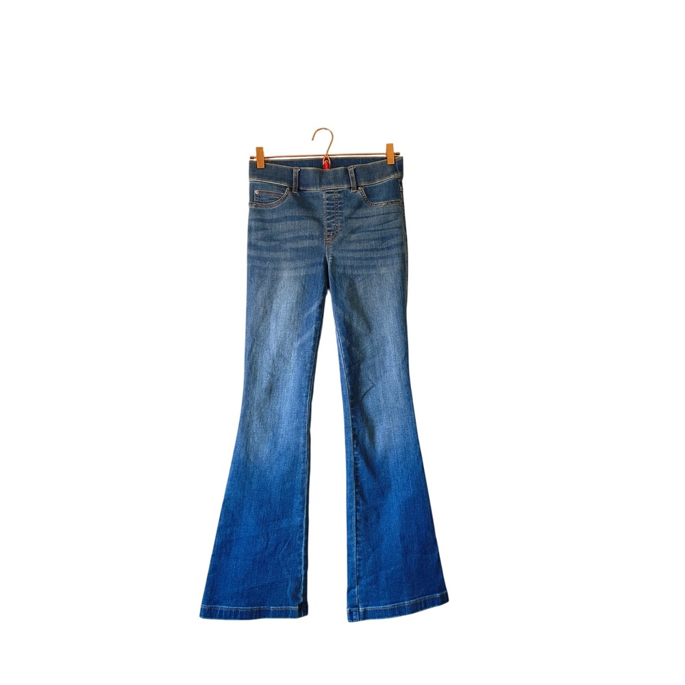 Spanx Womens Flare Jeans Medium Wash Pull On High Rise Size Small Blue Denim